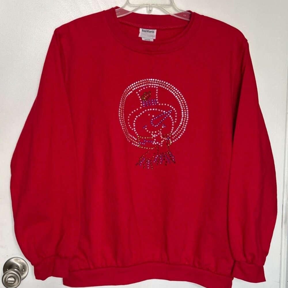 Bon Worth Women Red Sweatshirt with Rhinestone Snowman Size L